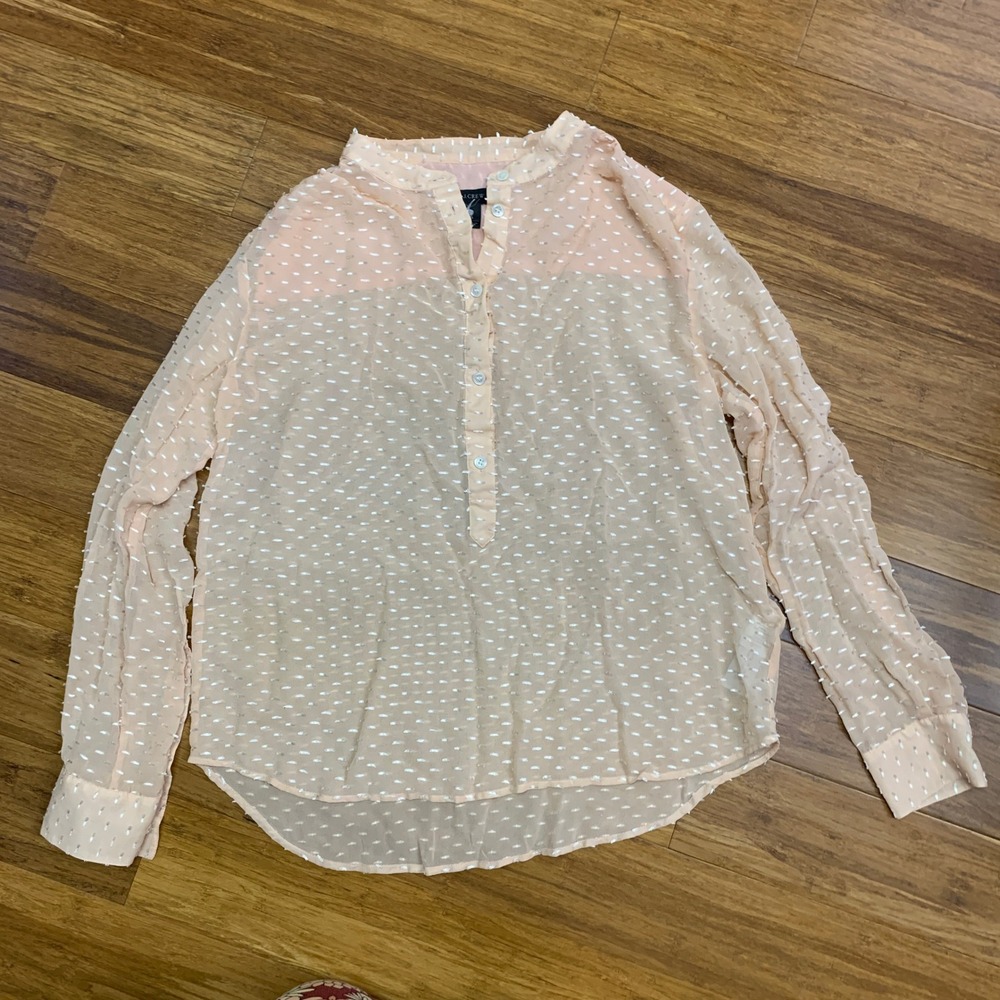 J. Crew Sheer Swiss Dot Blouse Button Up Band Collar Silk Blend Peach Size 0